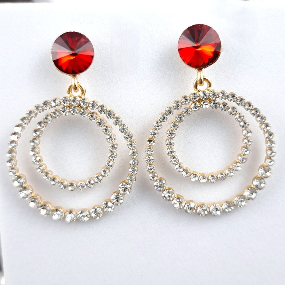NWOT Crimson Red and Clear CZ Double Hoop Earrings